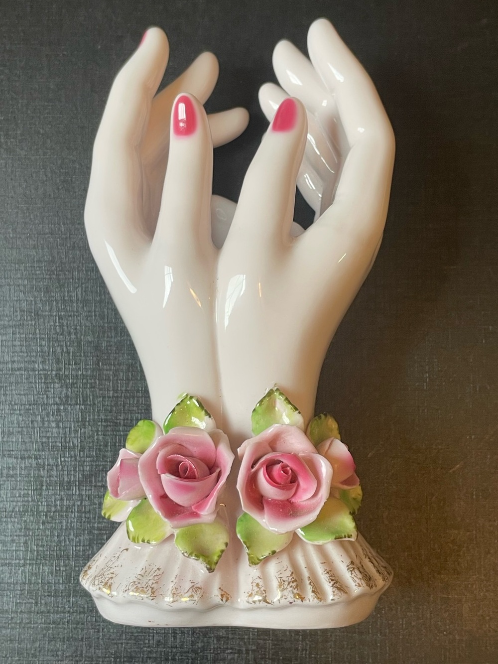 Vintage Lefton L’Amour Porcelain Hand Ring Display Vase Trinkets Pink Roses